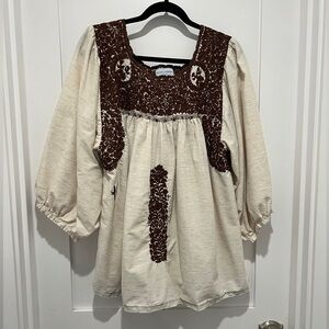 Mi Golondrina Cream Blouse with Brown Embroidery woman’s 1X, XL